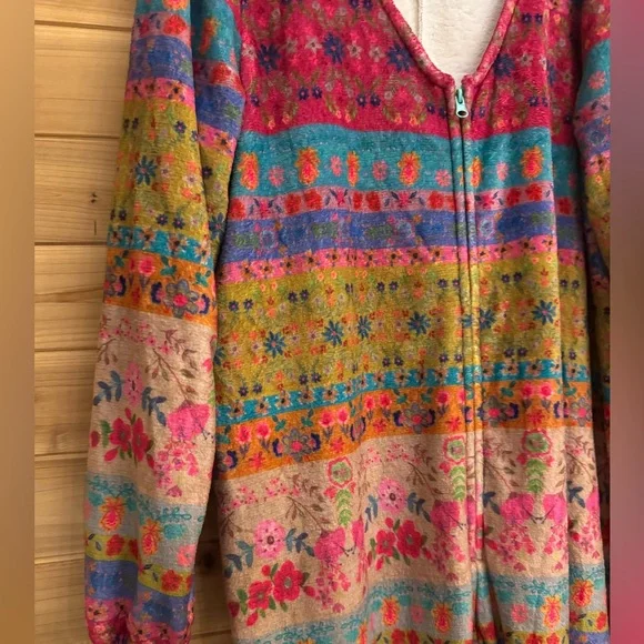 Natural Life Large Colorful Bohemian Fair Isle Print Fleece Zip Up One Piece PJ - Picture 4 of 9